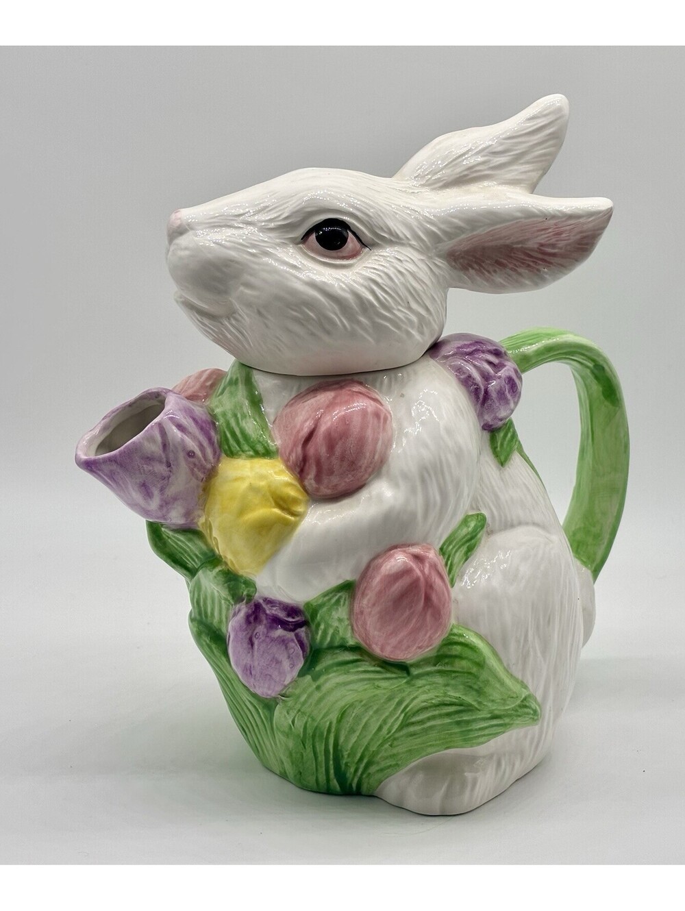 Vintage Made in Taiwan Bunny Rabbit Tulip Ceramic Teapot Decorative Easter